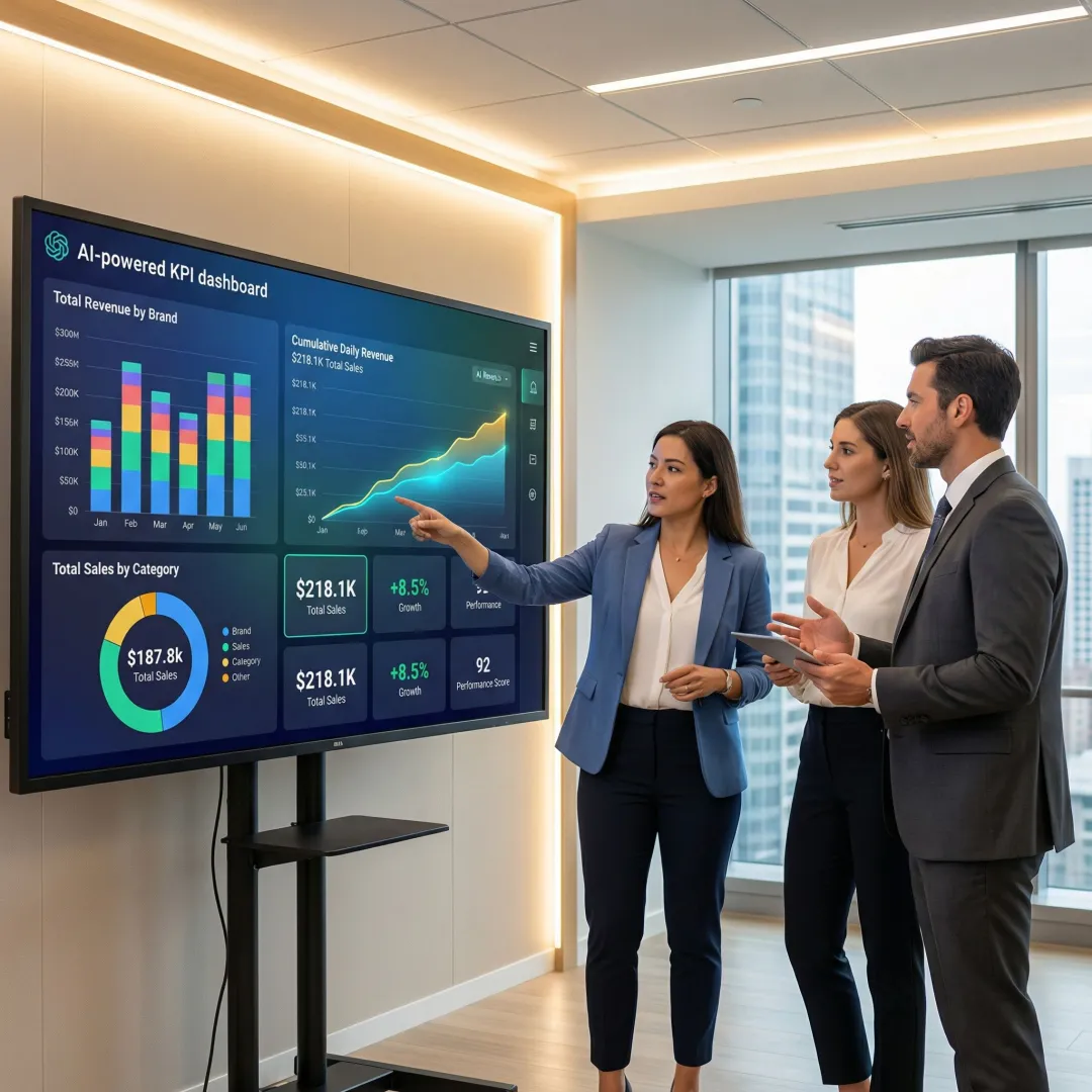 Team collaborating on an AI-powered business intelligence dashboard with real-time data charts