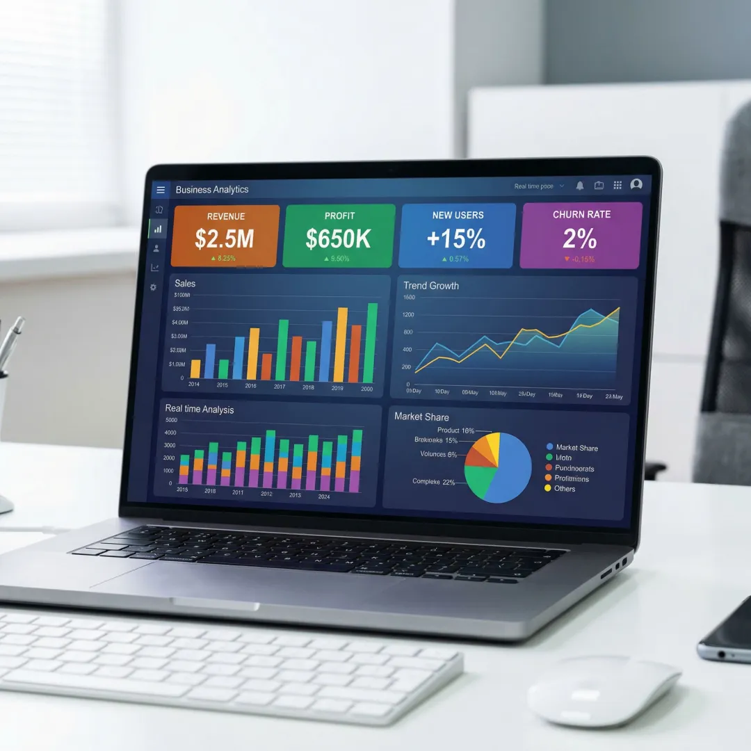 Business intelligence dashboard displaying real-time analytics and KPI charts on a modern interface