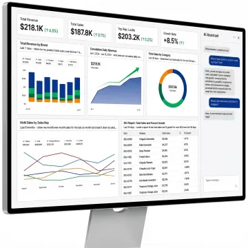 Custom reporting software dashboard with AI-generated charts and KPIs