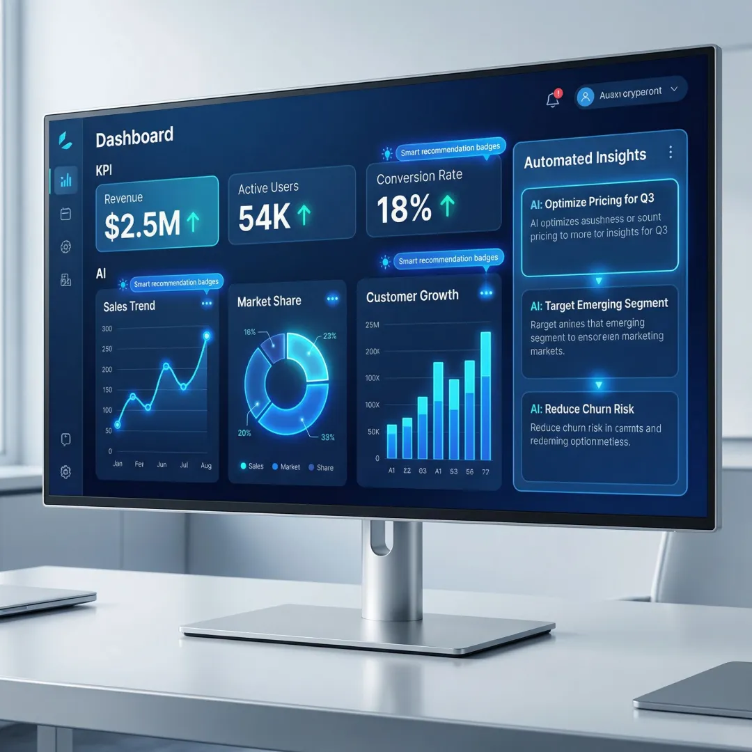 AI-powered analytics dashboard displaying automated business insights and data visualizations