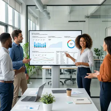 Marketing team reviewing automated KPI dashboard on a shared screen
