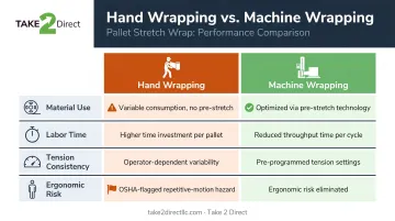 Hand versus machine stretch wrapping cost labor and safety comparison infographic