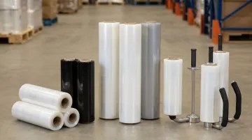 Various stretch wrap film types including cast blown bundling and colored rolls displayed