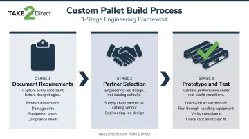 Three-step custom pallet prototyping and testing process flow diagram