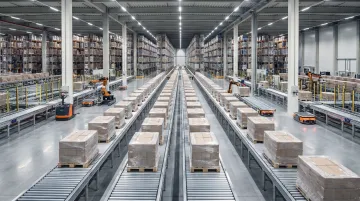 Automated warehouse AS/RS conveyor system with consistent pallet handling and robotic equipment