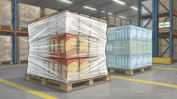 Crushed packaged goods on warehouse pallet wrapped with excessive heavy gauge stretch film