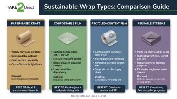 Four sustainable pallet wrap types comparison chart with attributes and best fit use cases