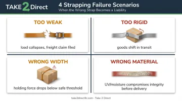 Four strapping failure risks and operational consequences comparison infographic