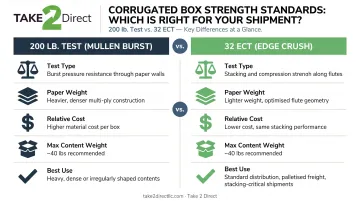 200 lb test versus 32 ECT corrugated box rating side-by-side comparison