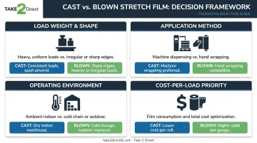 Four-variable stretch wrap decision framework infographic for warehouse operations