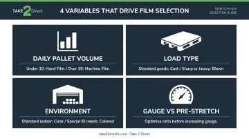 Four-variable stretch wrap selection framework covering volume load type environment and gauge