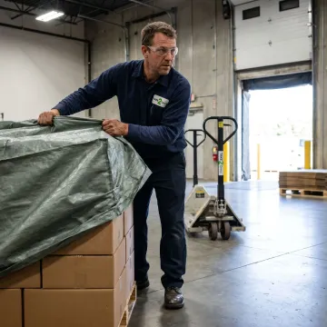 Warehouse worker securing a reusable pallet cover