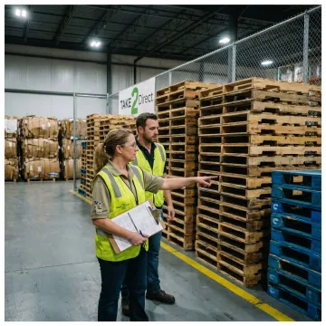 Warehouse team reviewing pallet inventory