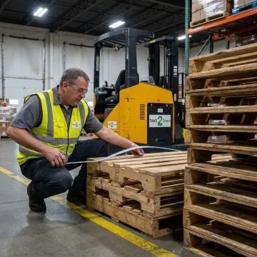 Worker measuring custom wood pallets