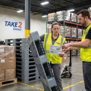 Warehouse team reviewing plastic pallet specifications