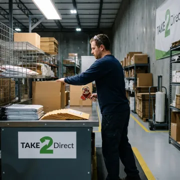 Warehouse worker organizing cardboard box supplies