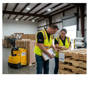 Warehouse team preparing wood pallets for shipment