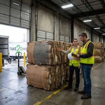 Warehouse team reviewing cardboard bales