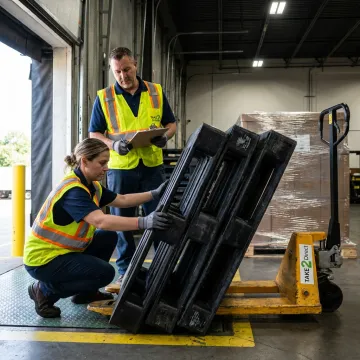 Warehouse team sorting plastic pallets