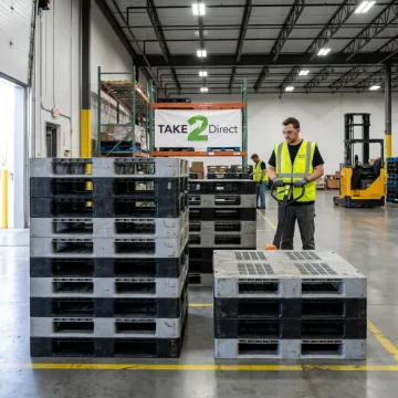 Stacked plastic pallets ready for recycling