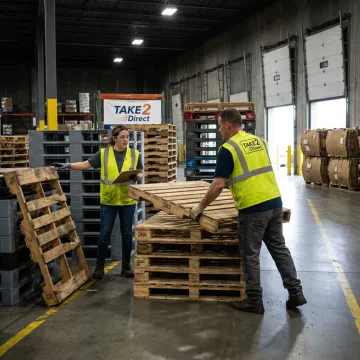 Warehouse team sorting recyclable pallets