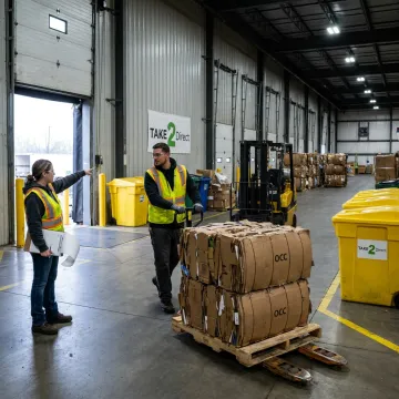 Warehouse team organizing cardboard recycling