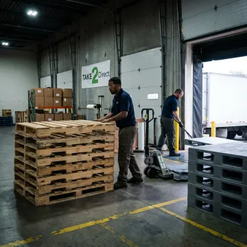 Warehouse team sorting recyclable pallets