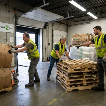 Workers organizing recyclable cardboard and pallets