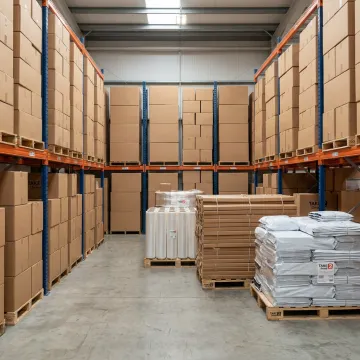 Cardboard and moving boxes stacked in a warehouse