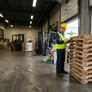 Warehouse worker inspecting recycled pallets