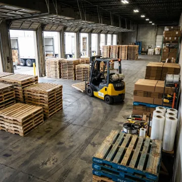 Wood pallets stacked in a Denver warehouse