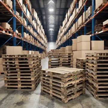 Stacks of recycled pallets ready for warehouse delivery