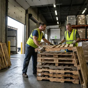 Warehouse team preparing recycled pallets for shipment