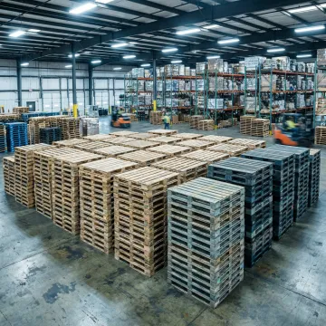 Stacks of recyclable pallets in an Atlanta warehouse