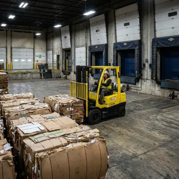 Baled cardboard recycling in a Minneapolis warehouse