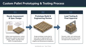 Three-step custom pallet prototyping and testing process flow diagram