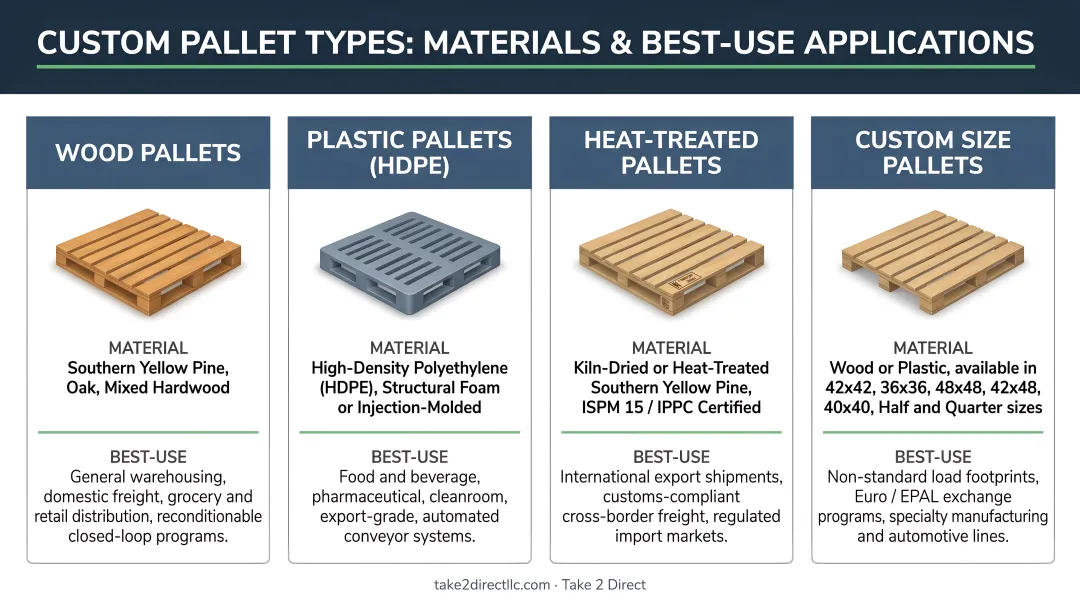 Four custom pallet types comparison chart with materials and best-use applications