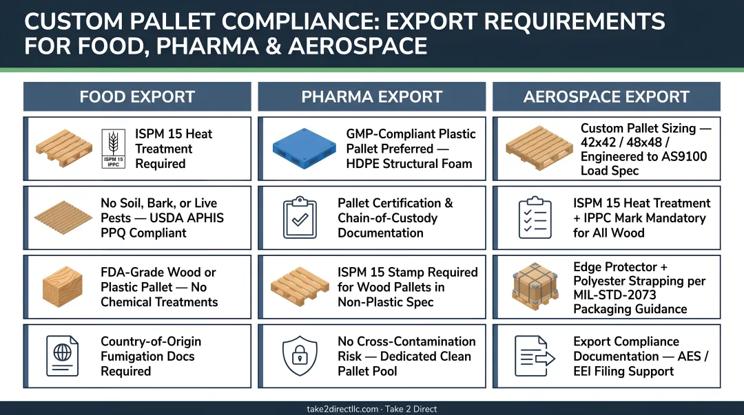 Custom pallet compliance requirements for export food pharma and aerospace shipping