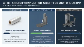 Three-tier pallet volume threshold chart recommending hand semi-automatic and automatic stretch wrap