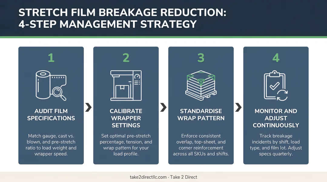 Four-step stretch film breakage reduction management strategy process infographic