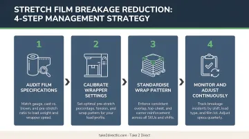 Four-step stretch film breakage reduction management strategy process infographic
