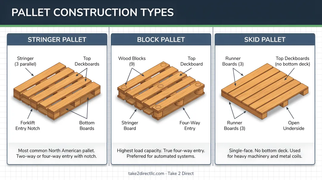 Three pallet construction types stringer block and skid side-by-side diagram