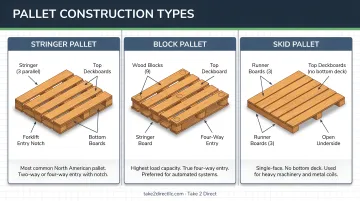 Three pallet construction types stringer block and skid side-by-side diagram