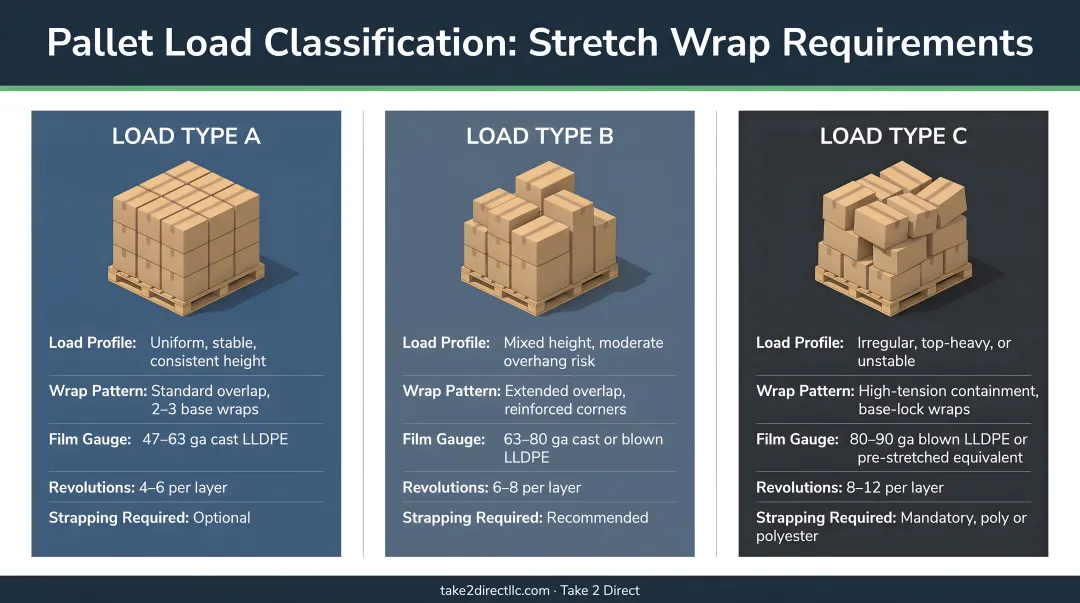 Three pallet load types A B and C classification infographic for stretch wrap requirements