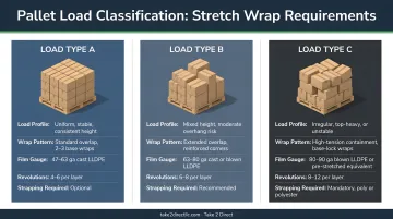Three pallet load types A B and C classification infographic for stretch wrap requirements