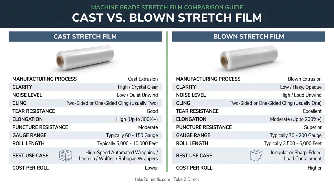 Cast versus blown stretch film side-by-side manufacturing process and performance comparison