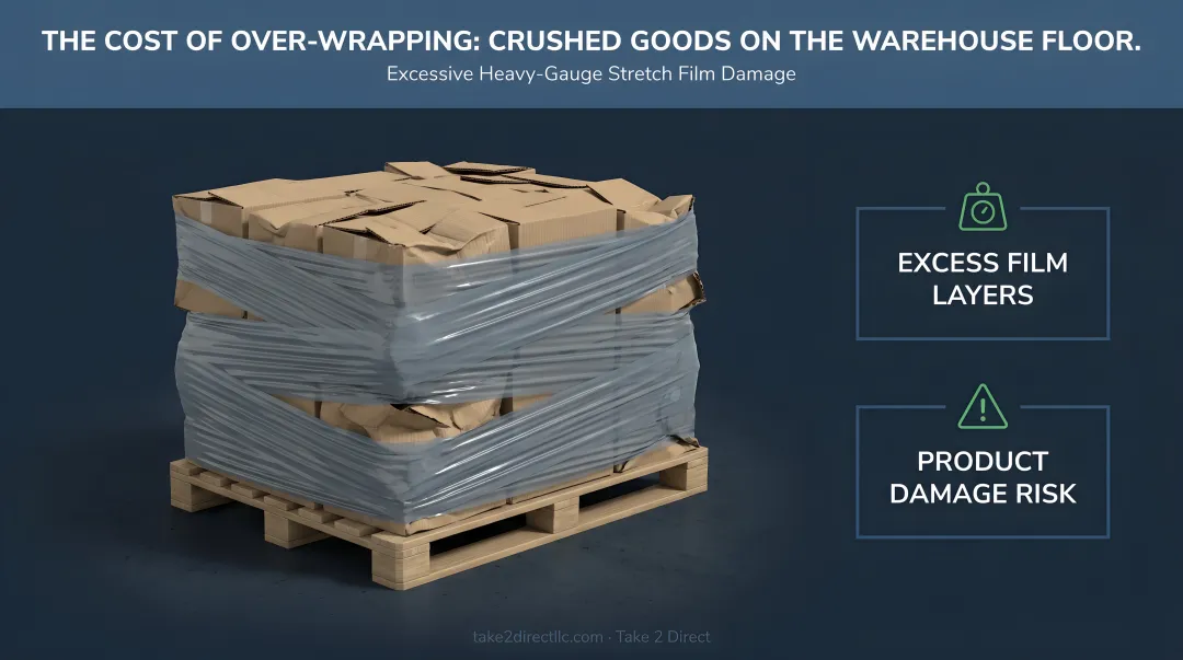 Crushed packaged goods on warehouse pallet wrapped with excessive heavy gauge stretch film