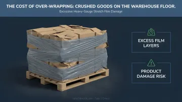 Crushed packaged goods on warehouse pallet wrapped with excessive heavy gauge stretch film