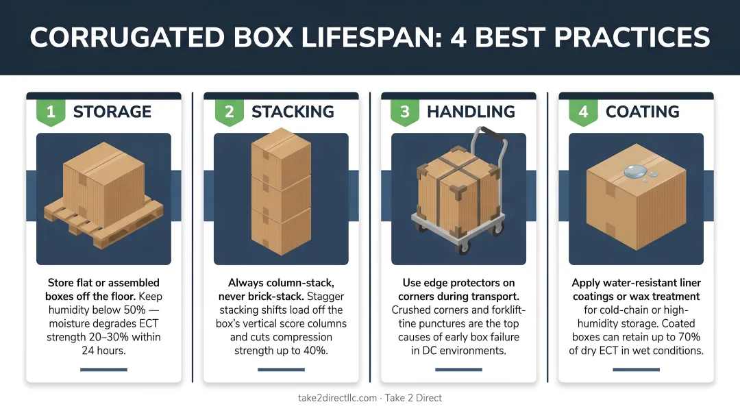 Four corrugated box lifespan extension best practices storage stacking handling coating