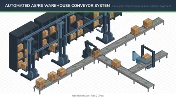 Automated warehouse AS/RS conveyor system with consistent pallet handling and robotic equipment